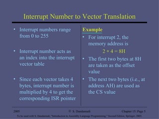 Interrupt Number to Vector Translation Interrupt numbers range from 0 to 255 Interrupt number acts as an index into the interrupt vector table Since each vector takes 4 bytes, interrupt number is multiplied by 4 to get the corresponding ISR pointer Example For interrupt 2, the memory address is 2    4 = 8H The first two bytes at 8H are taken as the offset value  The next two bytes (i.e., at address AH) are used as the CS value  