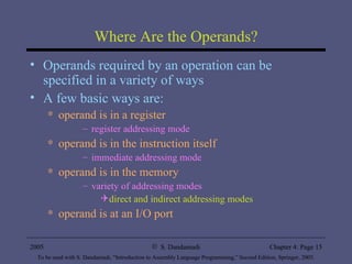 Where Are the Operands? Operands required by an operation can be specified in a variety of ways A few basic ways are: operand is in a register register addressing mode operand is in the instruction itself immediate addressing mode operand is in the memory variety of addressing modes direct and indirect addressing modes operand is at an I/O port 