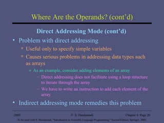 Where Are the Operands? (cont’d) Direct Addressing Mode (cont’d) Problem with direct addressing Useful only to specify simple variables Causes serious problems in addressing data types such as arrays As an example, consider adding elements of an array Direct addressing does not facilitate using a loop structure to iterate through the array We have to write an instruction to add each element of the array Indirect addressing mode remedies this problem 