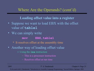 Where Are the Operands? (cont’d) Loading offset value into a register Suppose we want to load EBX with the offset value of  table1 We can simply write mov  EBX,table1 It resolves offset at the assembly time Another way of loading offset value Using the  lea  instruction This is a processor instruction Resolves offset at run time 