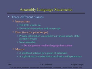 Assembly Language Statements Three different classes Instructions Tell CPU what to do Executable instructions with an op-code Directives (or pseudo-ops) Provide information to assembler on various aspects of the assembly process Non-executable Do not generate machine language instructions Macros A shorthand notation for a group of statements A sophisticated text substitution mechanism with parameters 