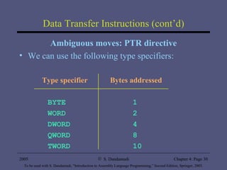 Data Transfer Instructions (cont’d) Ambiguous moves: PTR directive We can use the following type specifiers: Type specifier Bytes addressed BYTE 1 WORD  2 DWORD 4 QWORD  8 TWORD 10 