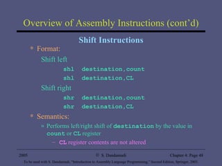 Overview of Assembly Instructions (cont’d) Shift Instructions Format: Shift left shl  destination,count  shl  destination,CL Shift right shr  destination,count  shr  destination,CL Semantics: Performs left/right shift of  destination  by the value in  count  or  CL  register CL  register contents are not altered 