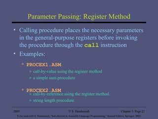 Parameter Passing: Register Method Calling procedure places the necessary parameters in the general-purpose registers before invoking the procedure through the  call  instruction  Examples: PROCEX1.ASM call-by-value using the register method  a simple sum procedure PROCEX2.ASM call-by-reference using the register method string length procedure 2005 To be used with S. Dandamudi, “Introduction to Assembly Language Programming,” Second Edition, Springer, 2005. S. Dandamudi Chapter 5: Page  