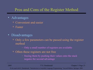 Pros and Cons of the Register Method Advantages Convenient and easier Faster Disadvantages Only a few parameters can be passed using the register method Only a small number of registers are available Often these registers are not free freeing them by pushing their values onto the stack negates the second advantage 2005 To be used with S. Dandamudi, “Introduction to Assembly Language Programming,” Second Edition, Springer, 2005. S. Dandamudi Chapter 5: Page  