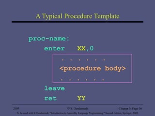 A Typical Procedure Template proc-name: enter  XX ,0   . . . . . . <procedure body> . . . . . . leave ret  YY 2005 To be used with S. Dandamudi, “Introduction to Assembly Language Programming,” Second Edition, Springer, 2005. S. Dandamudi Chapter 5: Page  
