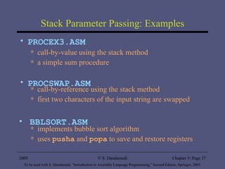 Stack Parameter Passing: Examples PROCEX3.ASM call-by-value using the stack method  a simple sum procedure PROCSWAP.ASM call-by-reference using the stack method first two characters of the input string are swapped BBLSORT.ASM implements bubble sort algorithm uses  pusha  and  popa  to save and restore registers 2005 To be used with S. Dandamudi, “Introduction to Assembly Language Programming,” Second Edition, Springer, 2005. S. Dandamudi Chapter 5: Page  