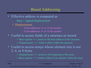 Based Addressing Effective address is computed as base + signed displacement Displacement: 16-bit addresses: 8- or 16-bit number 32-bit addresses: 8- or 32-bit number Useful to access fields of a structure or record Base register ==> points to the base address of the structure Displacement ==> relative offset within the structure Useful to access arrays whose element size is not 2, 4, or 8 bytes Displacement ==> points to the beginning of the array Base register ==> relative offset of an element within the array 