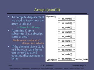 Arrays (cont’d) To compute displacement, we need to know how the array is laid out Simple for 1-D arrays Assuming C style subscripts (i.e., subscript starts at zero) displacement = subscript *    element size in bytes If the element size is 2, 4, or 8 bytes, a scale factor can be used to avoid counting displacement in bytes 