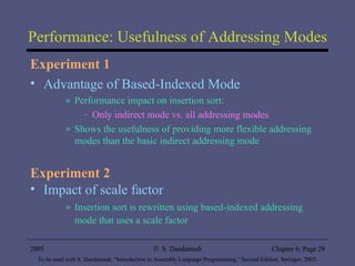 Performance: Usefulness of Addressing Modes Experiment 1 Advantage of Based-Indexed Mode Performance impact on insertion sort:  Only indirect mode vs. all addressing modes Shows the usefulness of providing more flexible addressing modes than the basic indirect addressing mode Experiment 2 Impact of scale factor Insertion sort is rewritten using based-indexed addressing mode that uses a scale factor 