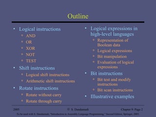 Outline Logical instructions AND OR XOR NOT TEST Shift instructions Logical shift instructions Arithmetic shift instructions Rotate instructions Rotate without carry Rotate through carry Logical expressions in high-level languages Representation of Boolean data Logical expressions Bit manipulation Evaluation of logical expressions Bit instructions Bit test and modify instructions Bit scan instructions Illustrative examples 