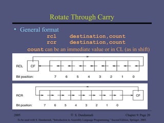 Rotate Through Carry General format rcl  destination,count rcr  destination,count count  can be an immediate value or in CL (as in shift) 