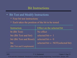 Bit Instructions Bit Test and Modify Instructions Four bit test instructions Each takes the position of the bit to be tested Instruction Effect on the selected bit bt (Bit Test) No effect bts (Bit Test and Set) selected bit    1 btr (Bit Test and Reset) selected bit    0 btc  selected bit    NOT(selected bit) (Bit Test and Complement) 