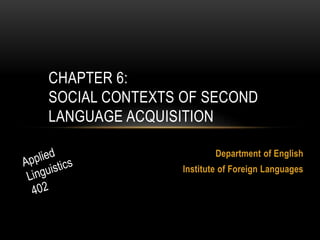 Department of English
Institute of Foreign Languages
CHAPTER 6:
SOCIAL CONTEXTS OF SECOND
LANGUAGE ACQUISITION
 