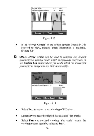 30
Figure 5.13
 If the “Merge Graph” on the bottom appears when a PID is
selected to view, merged graph information is available.
(Figure 5.14)
NOTE: Merge Graph can be used to compare two related
parameters in graphic mode, which is especially convenient in
the Custom List option where you could select two interacted
parameter to merge and see their relationship.
Figure 5.14
 Select Text to return to text viewing of PID data.
 Select Save to record retrieved live data and PID graphs.
 Select Pause to suspend viewing. You could resume the
viewing process again by selecting Start.
 