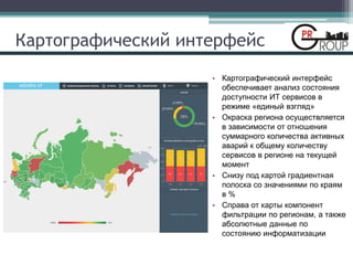 Картографический интерфейс
• Картографический интерфейс
обеспечивает анализ состояния
доступности ИТ сервисов в
режиме «единый взгляд»
• Окраска региона осуществляется
в зависимости от отношения
суммарного количества активных
аварий к общему количеству
сервисов в регионе на текущей
момент
• Снизу под картой градиентная
полоска со значениями по краям
в %
• Справа от карты компонент
фильтрации по регионам, а также
абсолютные данные по
состоянию информатизации
 