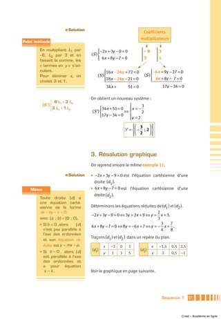 a   Solution
                                                                        Coefficients
                                                                       multiplicateurs
Point méthode

        En multipliant L1 par               ⎧−2x + 3y − 9 = 0
                                            ⎪                            –8       3
        –8, L2 par 3 et en             (S ) ⎨
        faisant la somme, les
                                            ⎪ 6x + 8y − 7 = 0
                                            ⎩                            3        1
        « termes en y » s’an-
        nulent.                                 ⎧16x − 24y + 72 = 0
                                                ⎪                             ⎧−6 x + 9y − 27 = 0
                                                                              ⎪
        Pour éliminer x, on                (S ) ⎨                        (S ) ⎨
        choisit 3 et 1.                         ⎩18x + 24 y − 21 = 0
                                                ⎪                             ⎩ 6x + 8y − 7 = 0
                                                                              ⎪
                                                  34 x +      51 = 0                 17y − 34 = 0

                                       On obtient un nouveau système :
                ⎧−8 L1 + 3 L2
                ⎪
          (S ') ⎨                                            ⎧       3
                ⎩3 L1 + 1 L2
                ⎪                             ⎧34 x + 51 = 0 ⎪ x = −
                                       ( S ') ⎨             ⇔⎨       2
                                              ⎪17y − 34 = 0 ⎪
                                              ⎩
                                                             ⎩y = 2
                                                                ⎧⎛ 3
                                                                ⎪       ⎞⎪⎫
                                                            ᏿ = ⎨⎜ − ; 2⎟ ⎬
                                                                ⎪⎝ 2 ⎠ ⎪
                                                                ⎩         ⎭



                                       3. Résolution graphique
                                       On reprend encore le même exemple 11.

                        a   Solution   ̈ −2x + 3y − 9 = 0 est l’équation cartésienne d’une
                                         droite (d1 ).
                                       ̈ 6x + 8y − 7 = 0 est l’équation cartésienne d’une
   Mémo
                                         droite (d2 ).
        Toute droite (d) a
        une équation carté-
        sienne de la forme             Déterminons les équations réduites de (d1 ) et (d2 ).
        ax + by + c = 0                                                     2
                                       −2x + 3y − 9 = 0 ⇔ 3y = 2x + 9 ⇔ y = x + 3.
        avec (a ; b ) ≠ (0 ; 0).                                            3
        ̈ Si b ≠ 0 ,alors   (d)                                               3    7
                                       6x + 8y − 7 = 0 ⇔ 8y = −6x + 7 ⇔ y = − x + .
          n’est pas parallèle à                                               4    8
          l’axe des ordonnées
                                       Traçons (d1 ) et (d2 ) dans un repère du plan.
          et son équation ré-
          duite est y = mx + p.               x   –3    0       3             x   –1,5    0,5 2,5
        ̈ Si b = 0 , alors (d)         (d1)                            (d2)
                                              y    1    3       5             y       2   0,5   –1
          est parallèle à l’axe
          des ordonnées et
          a pour équation
          x = k.                       Voir le graphique en page suivante.




                                                                                      Séquence 1     17



                                                                                                Cned – Académie en ligne
 