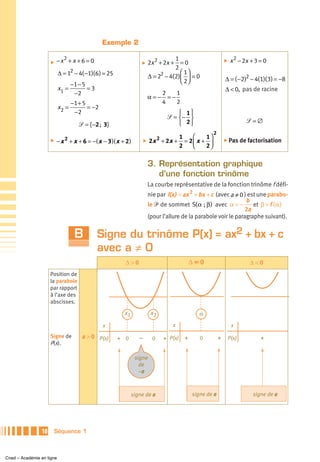 Exemple 2

                          −x2 + x + 6 = 0                                         1                            x 2 − 2x + 3 = 0
                      ̈                                            ̈   2x 2 + 2x + = 0                     ̈
                                                                                  2
                           Δ = 12 − 4( −1)( 6 ) = 25                                ⎛ 1⎞
                                                                       Δ = 22 − 4(2)⎜ ⎟ = 0                Δ = ( −2)2 − 4(1)( 3) = −8
                                  −1 − 5                                            ⎝ 2⎠
                           x1 =          =3                                                                Δ < 0, pas de racine
                                   −2                                     2   1
                                                                       α=− =−
                                  −1 + 5                                  4   2
                           x2 =          = −2
                                   −2                                              ⎧ 1⎫
                                                                               ᏿ = ⎨− ⎬
                                                                                   ⎩ 2⎭                               ᏿ =∅
                                     ᏿ = { −2 ; 3}
                                                                                                     2
                                                                                      1    ⎛    1⎞
                      ̈   − x 2 + x + 6 = −( x − 3 )( x + 2 )      ̈    2x 2 + 2x +     = 2⎜ x + ⎟         ̈ Pas   de factorisation
                                                                                      2    ⎝    2⎠

                                                                       3. Représentation graphique
                                                                          d’une fonction trinôme
                                                                       La courbe représentative de la fonction trinôme f défi-
                                                                       nie par f(x) = ax 2 + bx + c (avec a ≠ 0 ) est une parabo-
                                                                                                                 b
                                                                       le ᏼ de sommet S(α ; β ) avec α = −          et β = f ( α )
                                                                                                                 2a
                                                                       (pour l’allure de la parabole voir le paragraphe suivant).


                                   B          Signe du trinôme P(x) = ax2 + bx + c
                                              avec a ≠ 0
                                                          Δ>0                            Δ=0                           Δ<0
                      Position de
                      la parabole
                      par rapport
                      à l’axe des
                      abscisses.

                                                          x1            x2                   α

                                                x                                x                             x
                      Signe de        a > 0 P(x)       + 0        –      0   + P(x) +        0           + P(x)             +
                      P(x).

                                                                signe
                                                                  de
                                                                  –a



                                                               signe de a                 signe de a                     signe de a




                 10    Séquence 1



Cned – Académie en ligne
 