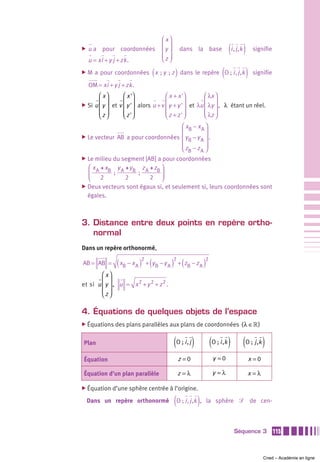 ⎛ x⎞
̈   u a pour coordonnées              ⎜y ⎟
                                      ⎜ ⎟
                                      ⎜z⎟
                                                 dans la base            (i , j ,k )        signifie
    u = xi + y j + zk .               ⎝ ⎠

̈                                (           )
    M a pour coordonnées x  ; y  ; z dans le repère O ; i , j ,k     (                 )    signifie

    OM = xi + y j + zk .
       ⎛ x⎞       ⎛ x '⎞             ⎛ x + x '⎞        ⎛ λx ⎞
̈ Si u ⎜ y ⎟ et v ⎜ y '⎟ alors u + v ⎜ y + y ' ⎟ et λu ⎜ λy ⎟ , λ étant un réel.
       ⎜ ⎟        ⎜ ⎟                ⎜         ⎟       ⎜ ⎟
       ⎜z⎟
       ⎝ ⎠        ⎜ z '⎟
                  ⎝ ⎠                ⎜ z + z '⎟
                                     ⎝         ⎠       ⎜ λz ⎟
                                                       ⎝ ⎠
                                   ⎛ xB − x A ⎞
                                   ⎜          ⎟
̈ Le vecteur AB a pour coordonnées ⎜ y − y ⎟ .
                                      B     A
                                   ⎜          ⎟
                                   ⎝ zB − z A ⎠
̈ Le milieu du segment [AB] a pour coordonnées
  ⎛ x A + x B y A + y B z A + zB ⎞
  ⎜           ;         ;        ⎟
  ⎝ 2             2         2 ⎠
̈ Deux vecteurs sont égaux si, et seulement si, leurs coordonnées sont
  égales.



3. Distance entre deux points en repère ortho-
   normal
Dans un repère orthonormé,

AB = AB =        ( xB − x A )2 + (yB − y A )2 + (zB − z A )2
        ⎛ x⎞
et si u ⎜ y ⎟ , u = x 2 + y 2 + z 2 .
        ⎜ ⎟
        ⎜z⎟
        ⎝ ⎠

4. Équations de quelques objets de l’espace
̈ Équations des plans parallèles aux plans de coordonnées                        ( λ ∈» )

Plan                                         (O ; i , j )       (O ; i ,k ) (O ;  j ,k )
Équation                                         z =0            y =0                      x =0

Équation d’un plan parallèle                     z=λ             y =λ                  x =λ

̈ Équation d’une sphère centrée à l’origine.

    Dans un repère orthonormé                (O ; i , j ,k ),   la sphère ᏿ de cen-



                                                                            Séquence 3                 115



                                                                                                  Cned – Académie en ligne
 
