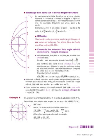 a    Repérage d’un point sur le cercle trigonométrique
                                          +     En « enroulant » la droite des réels sur le cercle trigono-
                                                métrique Ꮿ de centre O comme le suggère la figure ci-
                              π                 contre (dans le sens direct si x > 0 et dans le sens indirect
                                                si x < 0 ), on associe à tout réel x un unique point M du
                                                cercle.
                              x                 Exemple : Au réel 0, on associe le point I ; au réel π le
                                                             π                π
                                                point A, à     le point J, à − le point C…
                              π                              2                2
                              2
            J                                   a   Définition
    M
                                                Si au nombre réel x, on associe le point M, on dit que x est
                                                une mesure en radians de l’arc orienté IM ou de l’angle
                         I
A                             0                 orienté de vecteurs (OI ; OM).
                O

        C
                                                a   Ensemble des mesures d’un angle orienté
                                                    de vecteurs ; mesure principale
                                  π             ̈ Réciproquement, à un point M du cercle, est associée une
                                  2                 famille de réels.
                                                                                                     π 3π
                                                     Au point J sont, par exemple, associés les réels , − …
                                                                                                     2   2
                                                     Ces nombres réels sont définis « modulo 2π ». Cela
                                                     signifie que leurs différences sont des multiples entiers
                                  π
                                                     de 2π (correspondant à des nombres de tours complets
                                                     du cercle dans le sens indirect ou direct).
                                                     Si x est un tel réel, on note :
                                                    (OI ; OM) = x + 2k π ( k ∈» ) ou (OI ; OM) = x (modulo 2π ).
                        ̈ De même, si M et N sont deux points du cercle trigonométrique respec-
                             tivement associés aux réels x et y, les mesures en radians de l’angle
                             orienté (OM ; ON) sont les réels y − x + 2k π avec k ∈» .
                        ̈ Parmi     toutes les mesures d’un angle orienté ( OM ; ON) , une seule
                             appartient à l’intervalle ] − π  ;  π ] . On l’appelle la mesure principale de
                             l’angle ( OM ; ON) .

Exemple 1               On considère le cercle trigonométrique Ꮿ ci-contre et A, B, C trois points de Ꮿ .
                        Déterminer une mesure des angles de vecteurs : ( OI  ; OB ),( OI  ; OC ) ,
                                              ( OC  ; OB ) .
    Ꮿ                                 +
                                              Placer sur le cercle les points D et E tels que :
B
        j
                              I                             −4 π                         13 π
                                              ( OI ; OD ) =      (2 π )et ( OI  ; OE ) =      (2 π ).
        O                                                    3                            4
                    i                         Déterminer la mesure principale des angles
                         C
                                              (OI  ; OD ) et (OI  ; OE ).
                A



                                                                                                        Séquence 3   103



                                                                                                                Cned – Académie en ligne
 