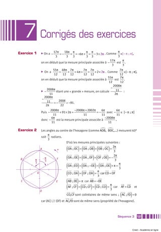 7 Corrigés des exercices
                     17π      18π π           π π                    π
Exercice 1   ̈ On a     −  =−     + = −6π + = − 3 × 2π . Comme ∈] − π  ;  π ],
                       3        3   3         3 3                    3
                                                                17π    π
             on en déduit que la mesure principale associée à −     est .
                                                                 3     3
                      55π 48π 7π             7π 7π                      7π
             ̈   On a     =      +    = 4π +   =    + 2 × 2π . Comme       ∈] − π  ;  π ],
                       12    12 12           12 12                      12
                                                               55π      7π
             on en déduit que la mesure principale associée à       est    .
                                                                12      12
                                                                   2008π
                                                                 −
                 2008π                                               11 :
             ̈ −        étant une « grande » mesure, on calcule
                   11                                               2π
               2008π
             −
                 11 = − 2008 −91.
                2π         22
                   2008π             −2008π + 2002π      6π        6π
             Puis −      + 91 × 2π =                 =−     avec −     ∈ ] − π  ;  π ]
                     11                     11           11         11
                    6π                                     −2008π
             donc −    est la mesure principale associée à         .
                    11                                       11

Exercice 2    Les angles au centre de l’hexagone (comme AOB,   BOC,...) mesurent 60°
                   π
              soit   radians.
                   3
                                 D’où les mesures principales suivantes :

             A            +      (           ) (            )(
                                  OA ; OC = OA  ; OB + OB ; OC =
                                                                   2π
                                                                    3
                                                                        )
 B       π
                π
                3
                          F      ( ) ( )( )
                                  OA ; OE = OA  , OF + OF ; OE = −
                                                                    2π
                                                                     3

                                 ( ) (                       ) ( )
         3                                                              π
                                  OA ; EO = OA  ;  −OE = OA  ; OE + π =
                                                               
                                                                        3
           O                     (           ) ( )      π
                                  CO ; OA = OF  ; OA = car CO = OF
                                                        3
 C                          E    ( AB ; DE) = π car AB = −DE π
             D
                                 ( AF  ; CF ) = (CD ; CF ) = (CD ; CO) = 3 car    AF = CD        et

                                                                                  (
                                 CO, CF sont colinéaires de même sens ; AC  ; FD = 0        )
             car (AC) // (DF) et AC,FD sont de même sens (propriété de l’hexagone).



                                                                                 Séquence 3           137



                                                                                                Cned – Académie en ligne
 