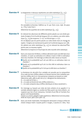 Exercice 4                                                                  (
             Le diagramme ci-dessous représente une série statistique xi  ; ni :  )


                                   35                       40



             On considère la fonction f définie sur » par f ( x ) = 1,5x − 0, 8. On pose
             y i = f ( xi ) pour tout i.
                                                                 (     )
             Déterminer les quartiles de la série statistique y i  ; ni .

Exercice 5   En relevant les abscisses de différents points placés sur une droite gra-
             duée d’origine O et d’unité de longueur OI, on a obtenu une série statis-
                   (       )
             tique xi  ; ni de moyenne x = 5, 7 et d’écart-type s = 2, 3.
             On ne déplace pas les points placés sur cette droite mais on change de
                                                                                     1
             repère : l’origine est maintenant le point I et l’unité de longueur est OI.
                                                 (      )
             On obtient une série statistique y i  ; ni en relevant les abscisses des
                                                                                     2

             points avec ce nouveau repère.
             Déterminer la moyenne et l’écart-type de cette nouvelle série statistique.

Exercice 6   Dans une classe de 20 élèves, 6 élèves déclarent avoir une télé dans leur
             chambre, 12 avoir un ordinateur et 4 élèves n’avoir ni télé ni ordinateur
             dans leur chambre. On interroge un élève de cette classe au hasard.
             ᕡ Quelle est la probabilité qu’il ait une télé ou un ordinateur dans sa
               chambre ?
             ᕢ Quelle est la probabilité qu’il ait à la fois télé et ordinateur dans sa
               chambre ?
             ᕣ Quelle est la probabilité qu’il n’ait que la télé dans sa chambre ?

Exercice 7   La fermeture de sécurité d’un cartable est assurée par la composition
             d’un code de trois chiffres obtenu en faisant tourner trois mollettes por-
             tant les chiffres de 0 à 9. Une personne compose au hasard un code.
             Déterminer p(A), p(B) et p(C) où A, B, C désignent les événements :
             A : « le code est le bon »,
             B : « le code est formé de trois chiffres distincts »,
             C : « le code comporte deux chiffres identiques et deux seulement ».

Exercice 8   On interroge au hasard une mère de trois enfants et on appelle X la
             variable aléatoire égale au nombre de filles parmi ses trois enfants ; on
             suppose que lors d’une naissance, l’arrivée d’une fille et l’arrivée d’un
             garçon sont équiprobables.
             Choisir un univers adapté à cette expérience. Déterminer la loi de proba-
             bilité de X puis p( X ≥ 2) et p( X < 2).
Exercice 9   Dans une école maternelle, l’enseignante demande à chaque enfant de
             choisir chaque matin 2 jouets parmi 3 rouges, 2 jaunes et 1 bleu. Tous



                                                                            Séquence 4     167



                                                                                      Cned – Académie en ligne
 