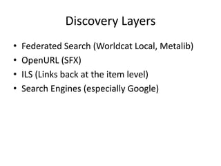 Discovery LayersFederated Search (Worldcat Local, Metalib)OpenURL (SFX)ILS (Links back at the item level)Search Engines (especially Google)