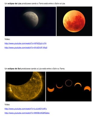 Un eclipse de Lúa prodúcese cando a Terra está entre o Sol e a Lúa.
Video:
http://www.youtube.com/watch?v=hP422yU-cY4
http://www.youtube.com/watch?v=91oEhVF-Wq0
Un eclipse de Sol prodúcese cando a Lúa está entre o Sol e a Terra.
Video
http://www.youtube.com/watch?v=LvLkAEYc4Fs
http://www.youtube.com/watch?v=MWBmKQRQsks
 
