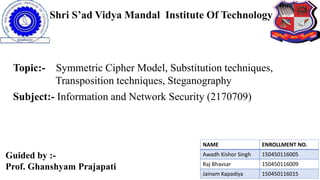 Shri S’ad Vidya Mandal Institute Of Technology
NAME ENROLLMENT NO.
Awadh Kishor Singh 150450116005
Raj Bhavsar 150450116009
Jainam Kapadiya 150450116015
Guided by :-
Prof. Ghanshyam Prajapati
Topic:- Symmetric Cipher Model, Substitution techniques,
Transposition techniques, Steganography
Subject:- Information and Network Security (2170709)
 