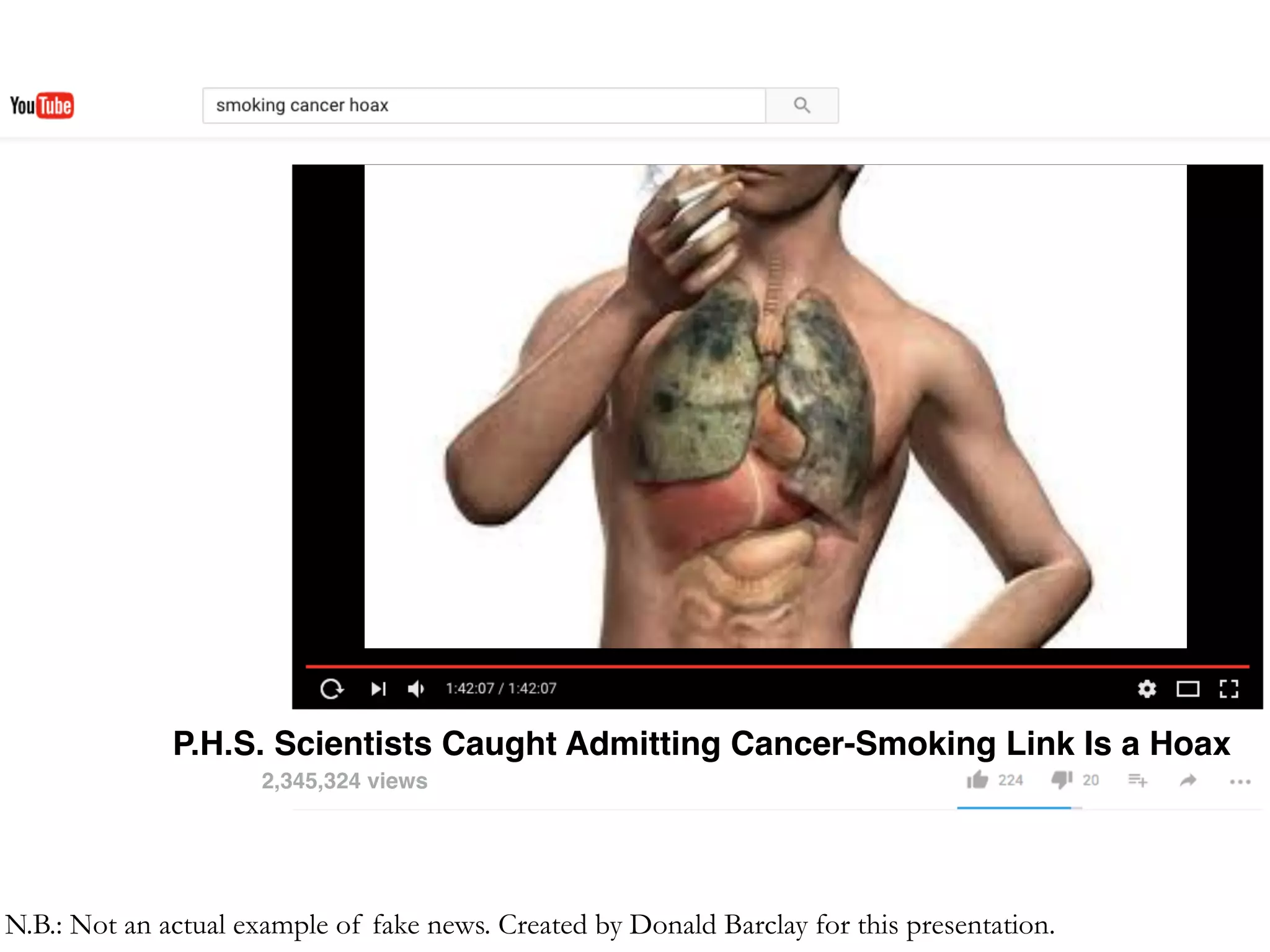 P.H.S. Scientists Caught Admitting Cancer-Smoking Link Is a Hoax
2,345,324 views
N.B.: Not an actual example of fake news. Created by Donald Barclay for this presentation.
 
