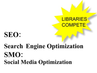 SEO:  Search   Engine Optimization SMO:  Social Media Optimization LIBRARIES COMPETE 