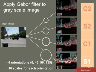 Apply Gebor filter to gray scale image Input Image S1 C1 S2 C2 Approach 4 orientations (0, 45, 90, 135) 16 scales for each orientation 