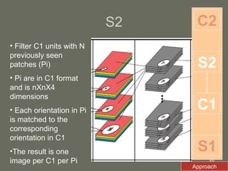 S2 Approach Filter C1 units with N previously seen patches (Pi) Pi are in C1 format and is nXnX4 dimensions Each orientation in Pi is matched to the corresponding orientation in C1 The result is one image per C1 per Pi S1 C1 S2 C2 