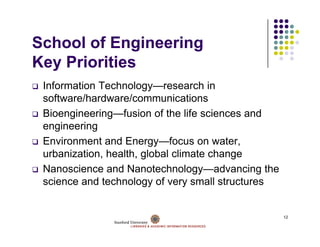 School of Engineering
Key Priorities
 Information Technology—research in
 software/hardware/communications
 Bioengineering—fusion of the life sciences and
 engineering
 Environment
 En ironment and Energ
                   Energy—focus on water,
                             foc s      ater
 urbanization, health, global climate change
 Nanoscience and Nanotechnology—advancing the
                   Nanotechnology advancing
 science and technology of very small structures


                                                   12
 