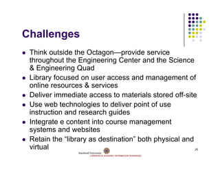 Challenges
Ch ll
 Think outside the Octagon—provide service
 throughout the Engineering Center and the Science
 & Engineering Quad
 Library focused on user access and management of
 online resources & services
 Deliver immediate access to materials stored off-site
                                               off site
 Use web technologies to deliver point of use
 instruction and research guides
 Integrate e content into course management
 systems and websites
 Retain the “library as destination both physical and
              library   destination”
 virtual                                              25
 