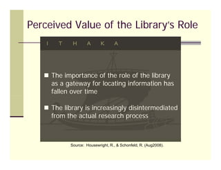 Perceived Value of the Library’s Role



    The importance of the role of the library
     as a gateway for locating information has
     fallen over time

    The library is increasingly disintermediated
     from the actual research process



            Source: Housewright, R., & Schonfeld, R. (Aug2008).
 