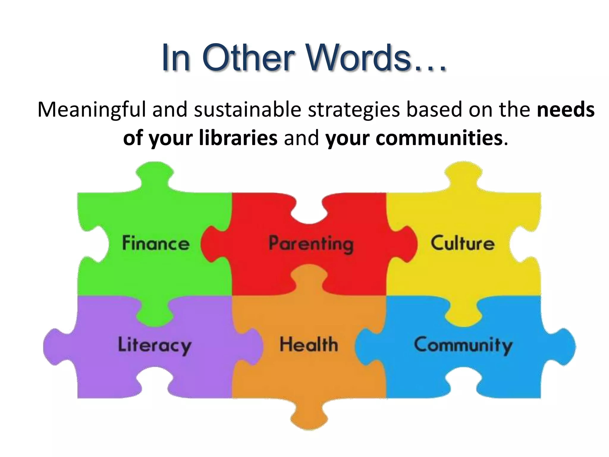 In Other Words…
Meaningful and sustainable strategies based on the needs
       of your libraries and your communities.
 