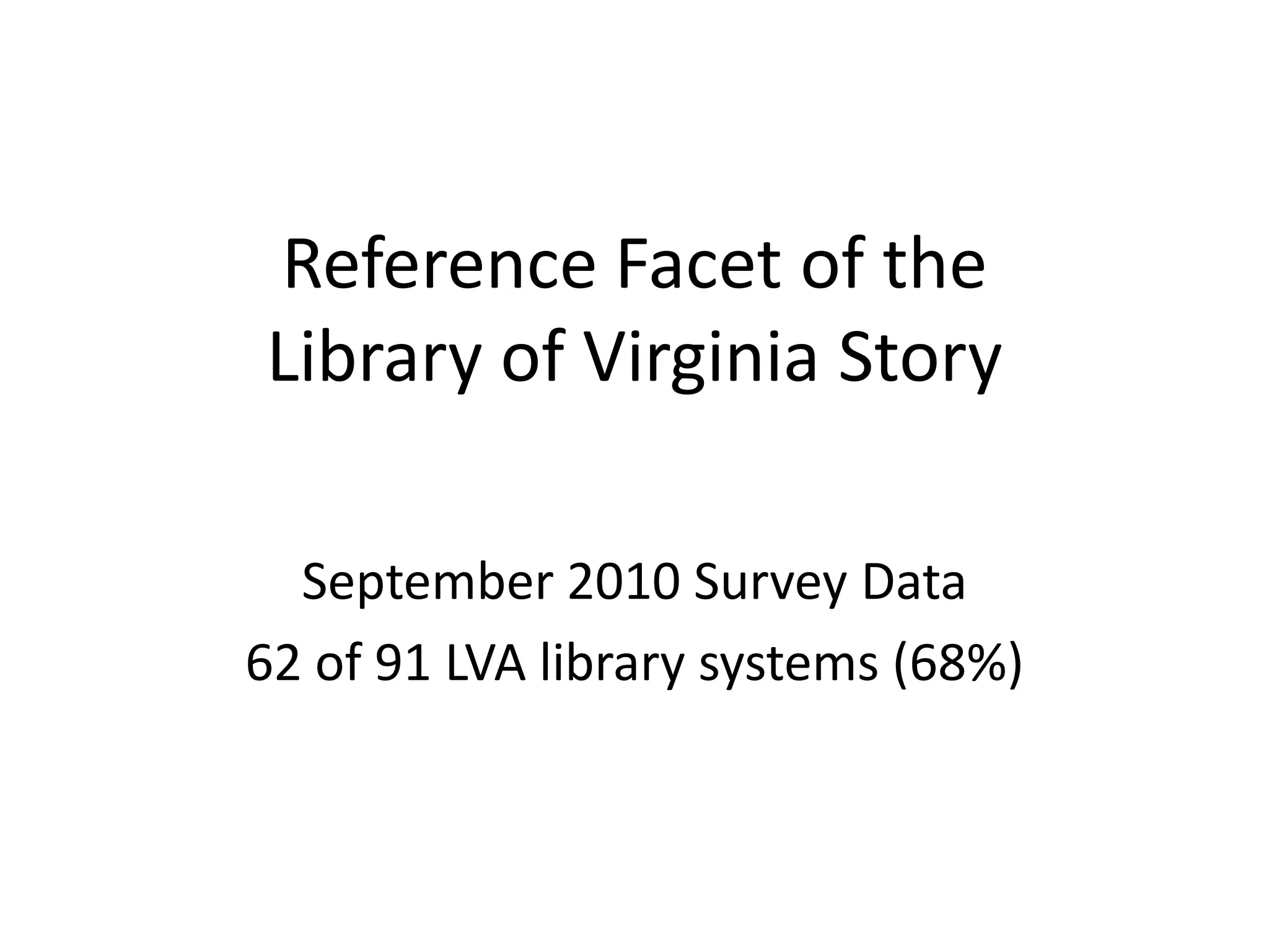 Reference Facet of the
Library of Virginia Story

  September 2010 Survey Data
62 of 91 LVA library systems (68%)
 