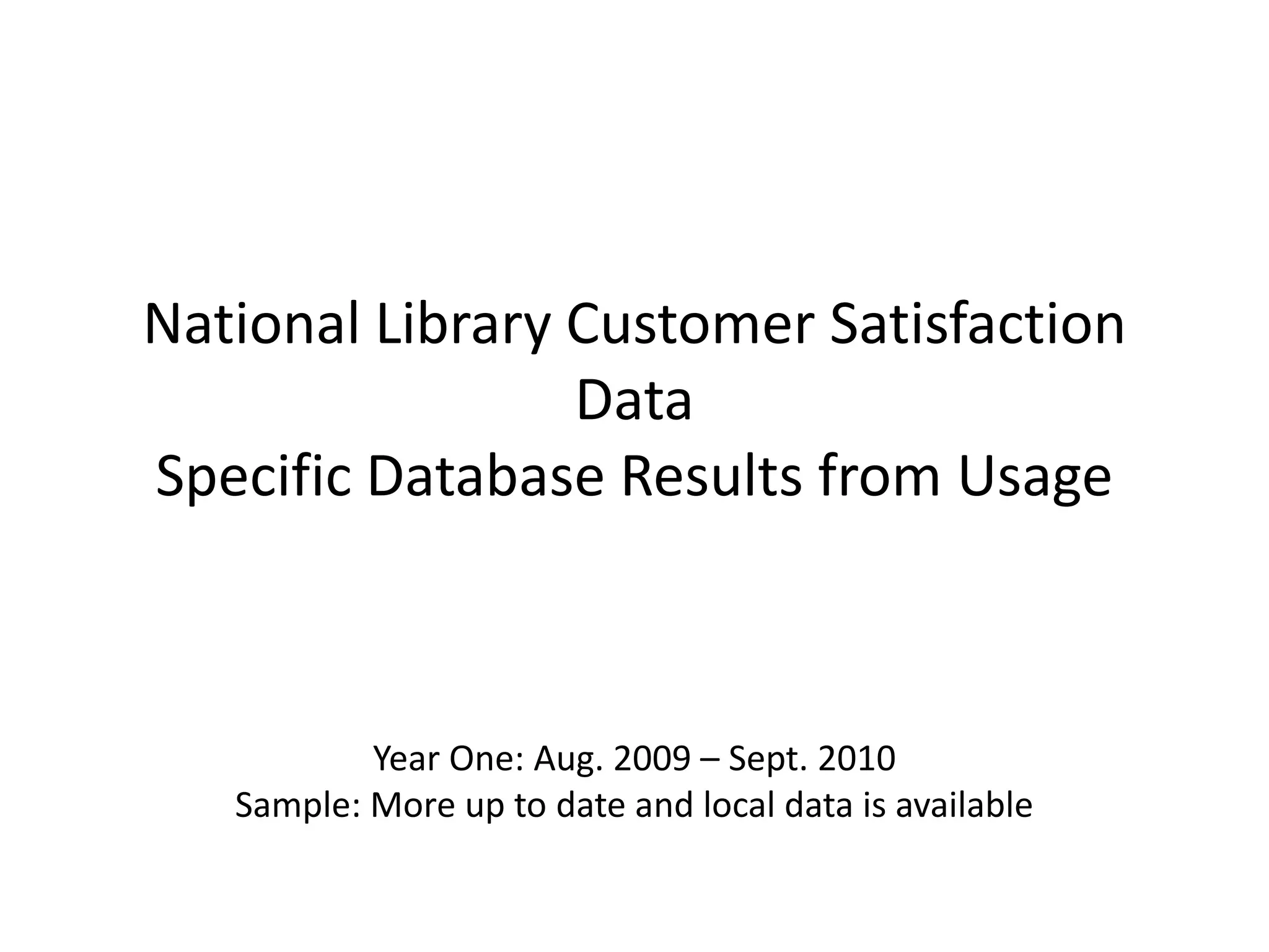 National Library Customer Satisfaction
                 Data
Specific Database Results from Usage



           Year One: Aug. 2009 – Sept. 2010
   Sample: More up to date and local data is available
 