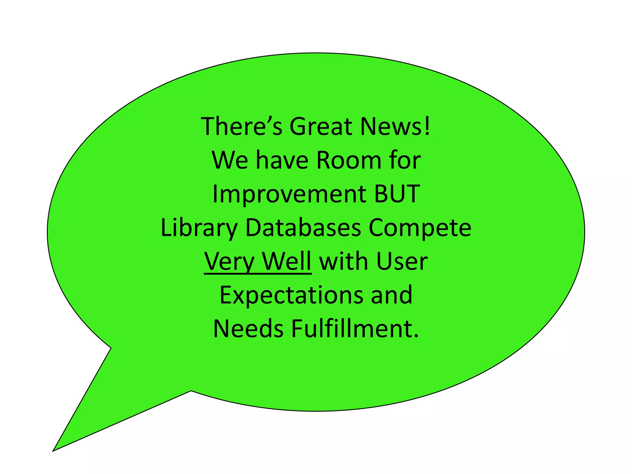 There’s Great News!
     We have Room for
     Improvement BUT
Library Databases Compete
    Very Well with User
      Expectations and
     Needs Fulfillment.
 