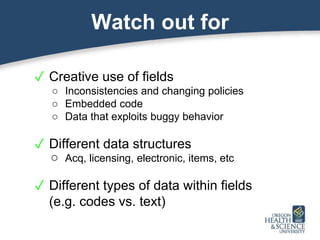 Watch out for
✓ Creative use of fields
○ Inconsistencies and changing policies
○ Embedded code
○ Data that exploits buggy behavior
✓ Different data structures
○ Acq, licensing, electronic, items, etc
✓ Different types of data within fields
(e.g. codes vs. text)
 