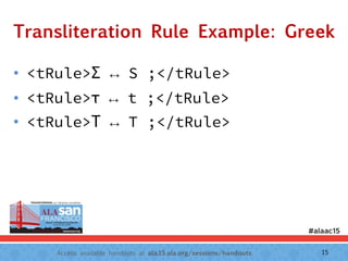 Access available handouts at ala.15.ala.org/sessions/handouts.
Transliteration Rule Example: Greek
• <tRule>Σ ↔ S ;</tRule>
• <tRule>τ ↔ t ;</tRule>
• <tRule>Τ ↔ T ;</tRule>
15
 