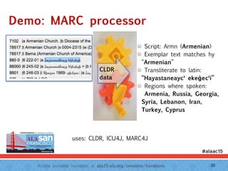 Access available handouts at ala.15.ala.org/sessions/handouts.
Demo: MARC processor
CLDR
data
Script: Armn (Armenian)
Exemplar text matches hy
“Armenian”
Transliterate to latin:  
“Hayastaneayc‘ ekeġec‘i”
Regions where spoken:  
Armenia, Russia, Georgia,
Syria, Lebanon, Iran,
Turkey, Cyprus
20
uses: CLDR, ICU4J, MARC4J
 