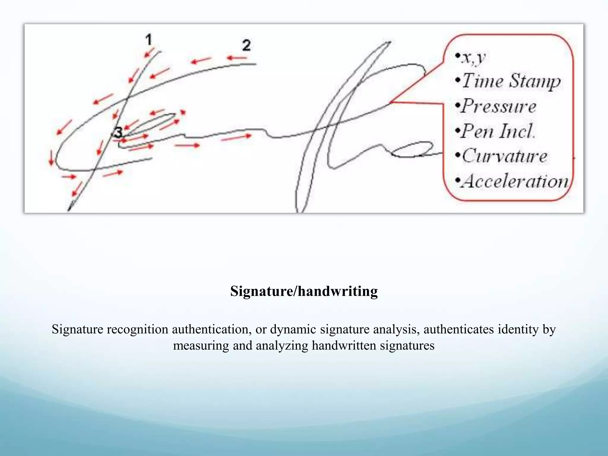 Signature/handwriting
Signature recognition authentication, or dynamic signature analysis, authenticates identity by
measuring and analyzing handwritten signatures
 