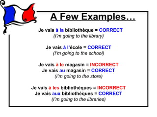 A Few Examples…
  Je vais à la bibliothèque = CORRECT
         (I’m going to the library)

     Je vais à l’école = CORRECT
        (I’m going to the school)

  Je vais à le magasin = INCORRECT
   Je vais au magasin = CORRECT
         (I’m going to the store)

Je vais à les bibliothèques = INCORRECT
 Je vais aux bibliothèques = CORRECT
         (I’m going to the libraries)
 