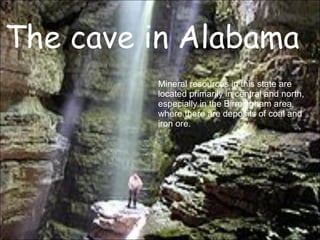 Mineral resources in this state are located primarily in central and north, especially in the Birmingham area, where there are deposits of coal and iron ore.  The cave in Alabama 