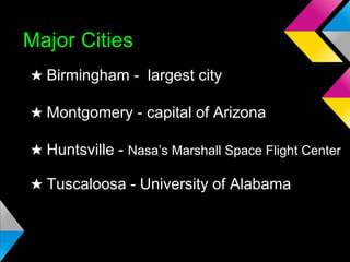 Major Cities
★ Birmingham - largest city
★ Montgomery - capital of Arizona

★ Huntsville - Nasa’s Marshall Space Flight Center
★ Tuscaloosa - University of Alabama

 