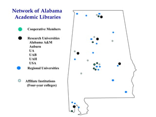 Research Universities Alabama A&M Auburn UA UAB UAH  USA Cooperative Members  Regional Universities Network of Alabama Academic Libraries Affiliate Institutions (Four-year colleges) 
