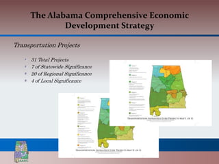 The Alabama Comprehensive Economic
             Development Strategy

Transportation Projects

      31 Total Projects
      7 of Statewide Significance
      20 of Regional Significance
      4 of Local Significance
 