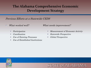 The Alabama Comprehensive Economic
             Development Strategy

Previous Efforts at a Statewide CEDS

  What worked well?                     What needs improvement?

      Participation                           Measurement of Economic Activity
      Coordination                            Statewide Perspective
      Use of Existing Processes               Global Perspective
      Use of Established Institutions




                                           STATE of ALABAMA
 